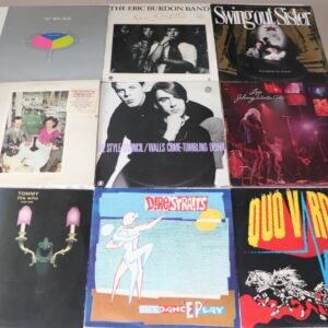 Front covers of nine classic rock LPs including Led Zeppelin, Yes and Dire Straits