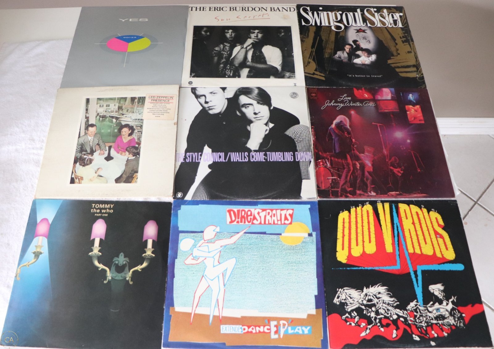 Front covers of nine classic rock LPs including Led Zeppelin, Yes and Dire Straits