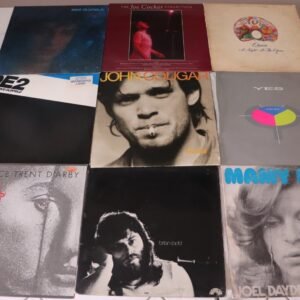 Front covers of nine classic rock LPs including Queen, Mike Oldfield and Yes
