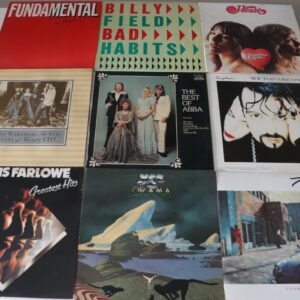 Front covers of nine classic rock and pop LPs including ABBA, Toto, and Yes