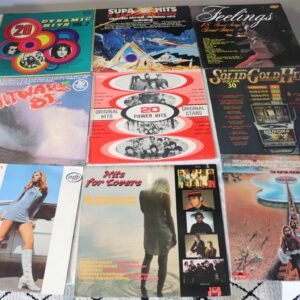 Front covers of 9 vintage compilation vinyl albums from the 60s to 80s