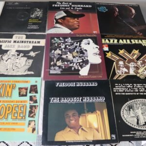 Front covers of nine classic jazz vinyl records including Freddie Hubbard and Django Reinhardt