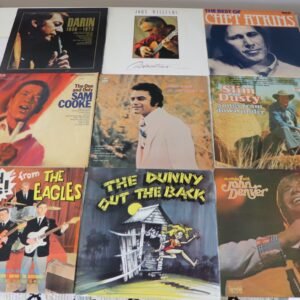 Front covers of nine classic vinyl albums including Chet Atkins, Sam Cooke, and John Denver