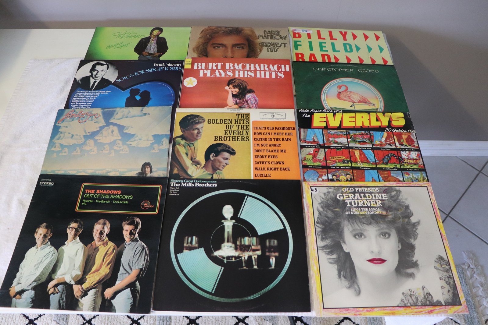 Front covers of twelve easy listening and vocal vinyl albums including Sinatra, Bacharach, and Manilow