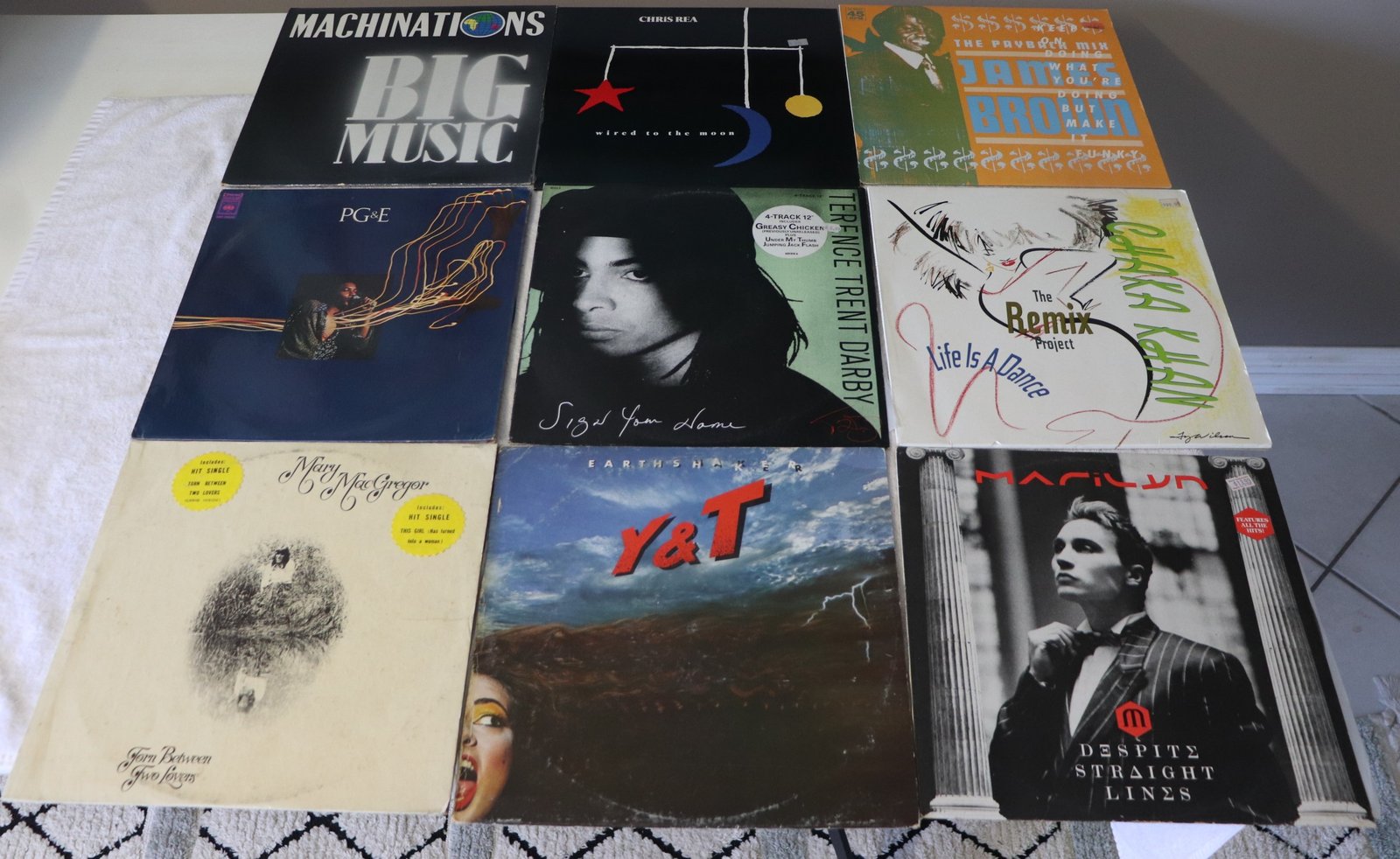 Front covers of nine vinyl albums including Machinations, James Brown, Chris Rea and Terence Trent D’Arby
