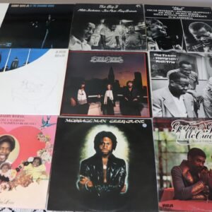 Front covers of nine soul and jazz vinyl albums including Sammy Davis Jr, Barry White, and Oscar Peterson