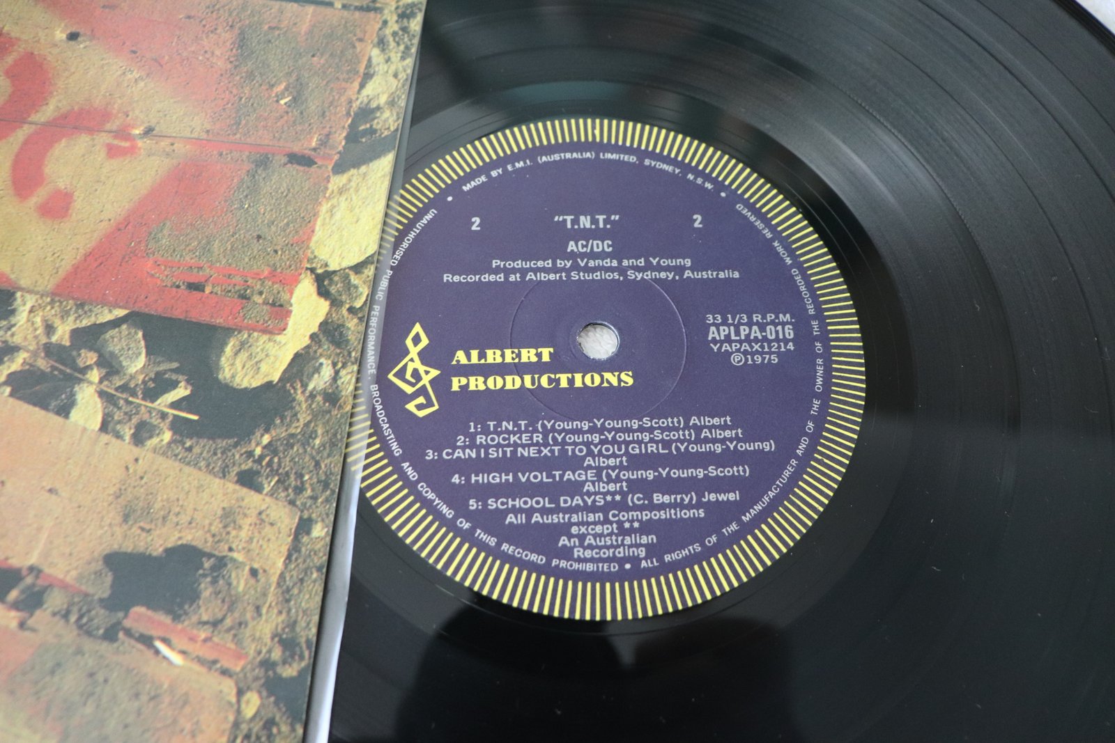 AC/DC TNT vinyl record with purple Albert label
