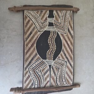 Aboriginal bark painting front view with geometric ceremonial patterns