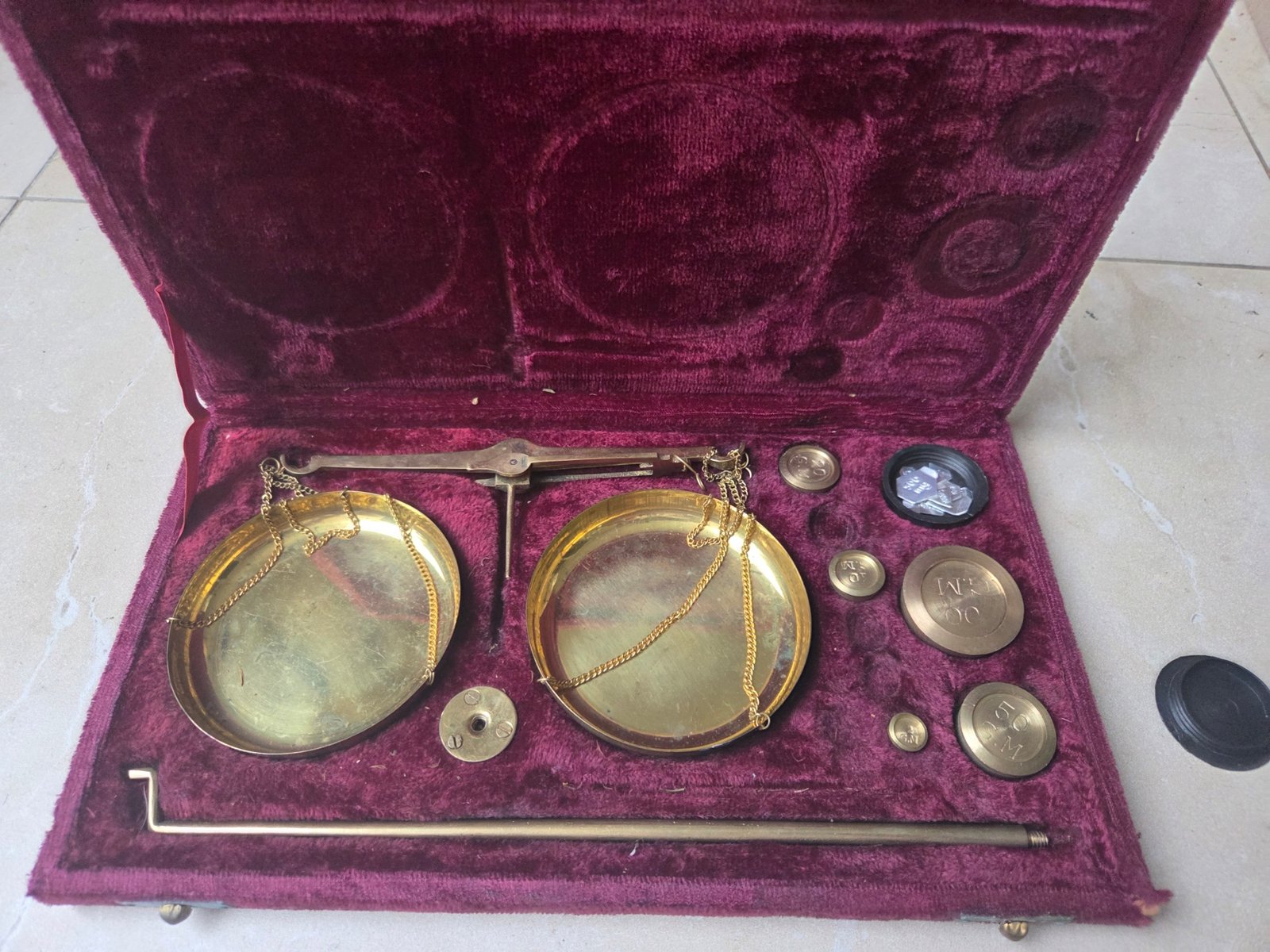 Vintage brass balance scales in velvet case