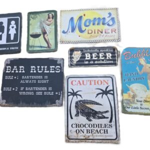 Assorted vintage style metal wall signs including bar rules crocodile warning and retro pin up designs