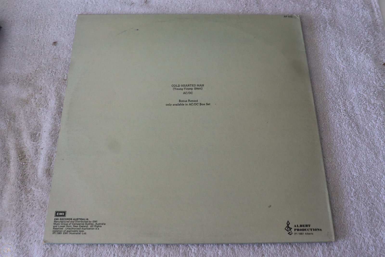 AC/DC Cold Hearted Man 12 inch single rear sleeve