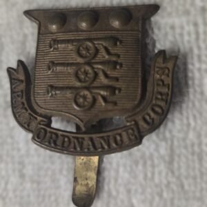 Army Ordnance Corps brass cap badge reverse with long tang fitting