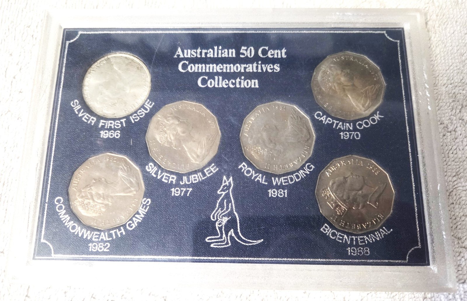 Australian 50 cent commemoratives collection in display case front view