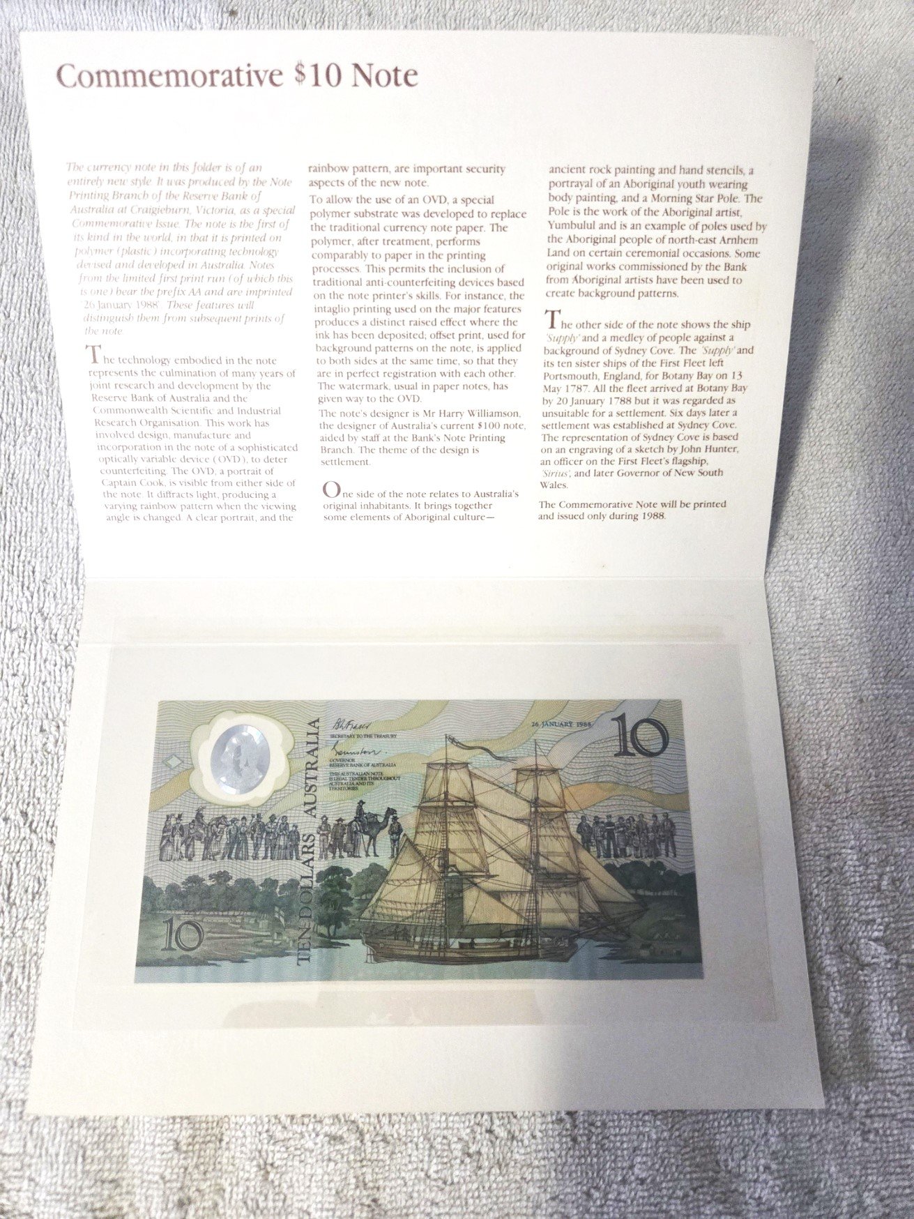 1988 Reserve Bank Australia $10 polymer note with First Fleet ship Supply