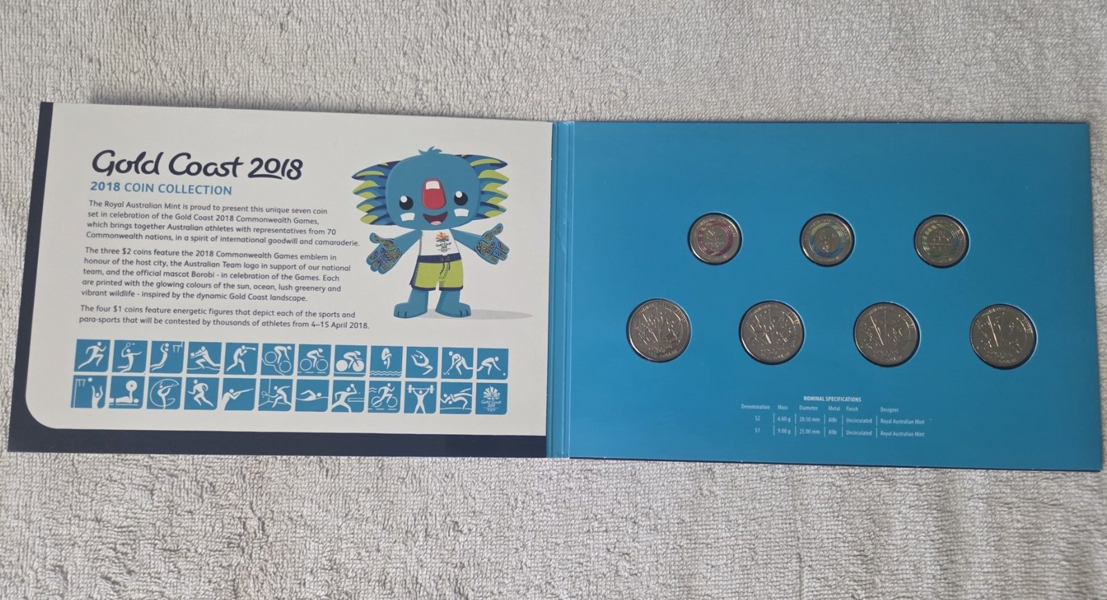 Gold Coast 2018 coloured $2 coins and $1 sports coins Borobi mascot set