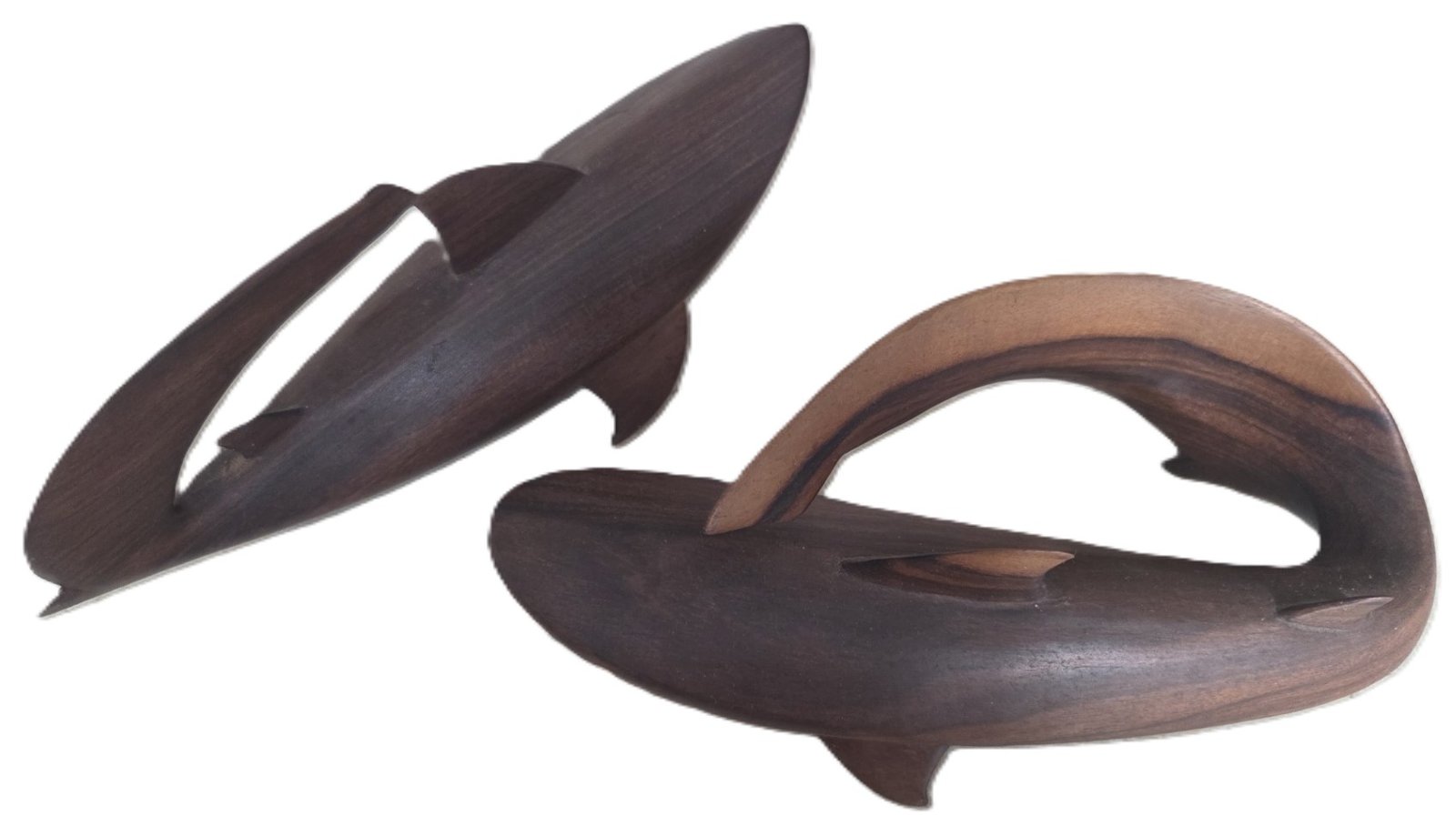 carved wooden shark sculptures pair