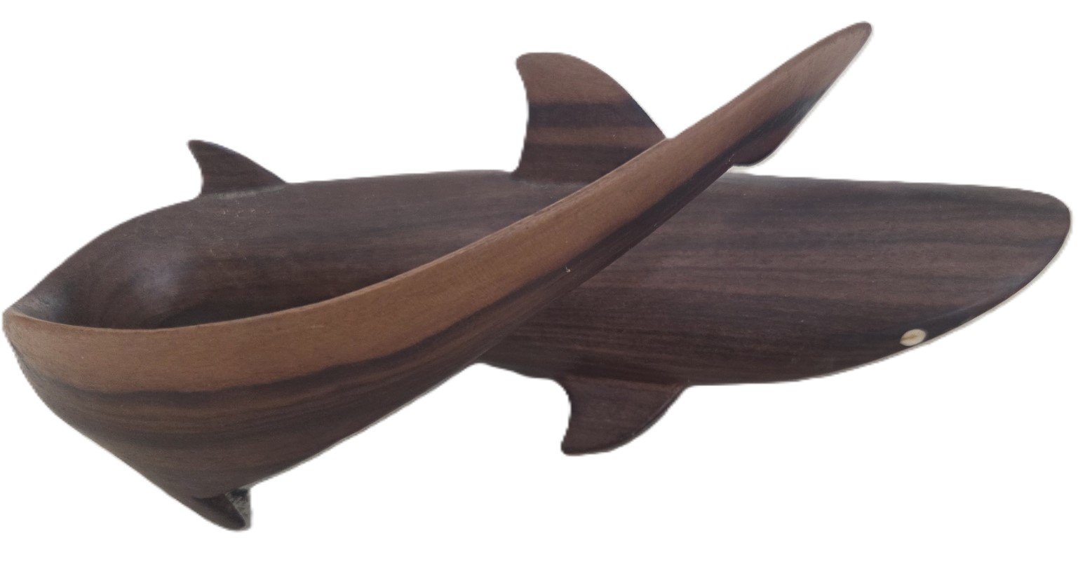 Lot 180 - Pair of Tribal Carved Wooden Shark Sculptures with Shell Inlay & Teeth (image 4)