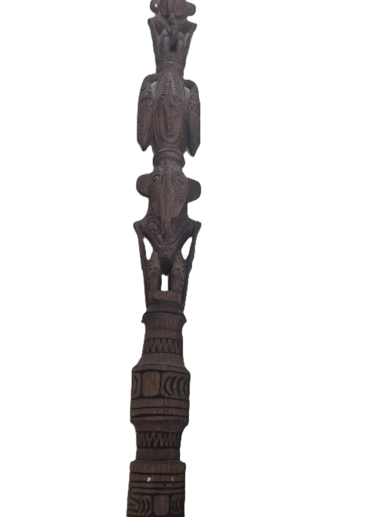 Hand carved tribal walking stick close up