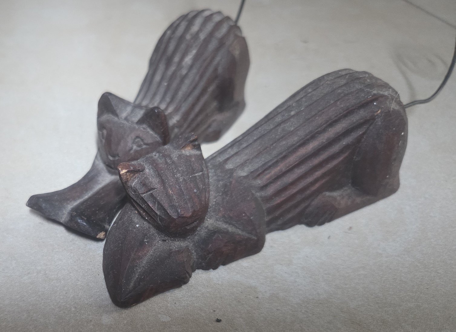 wooden cat ornaments with metal tails
