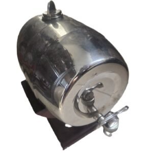 metal barrel dispenser with tap on timber stand