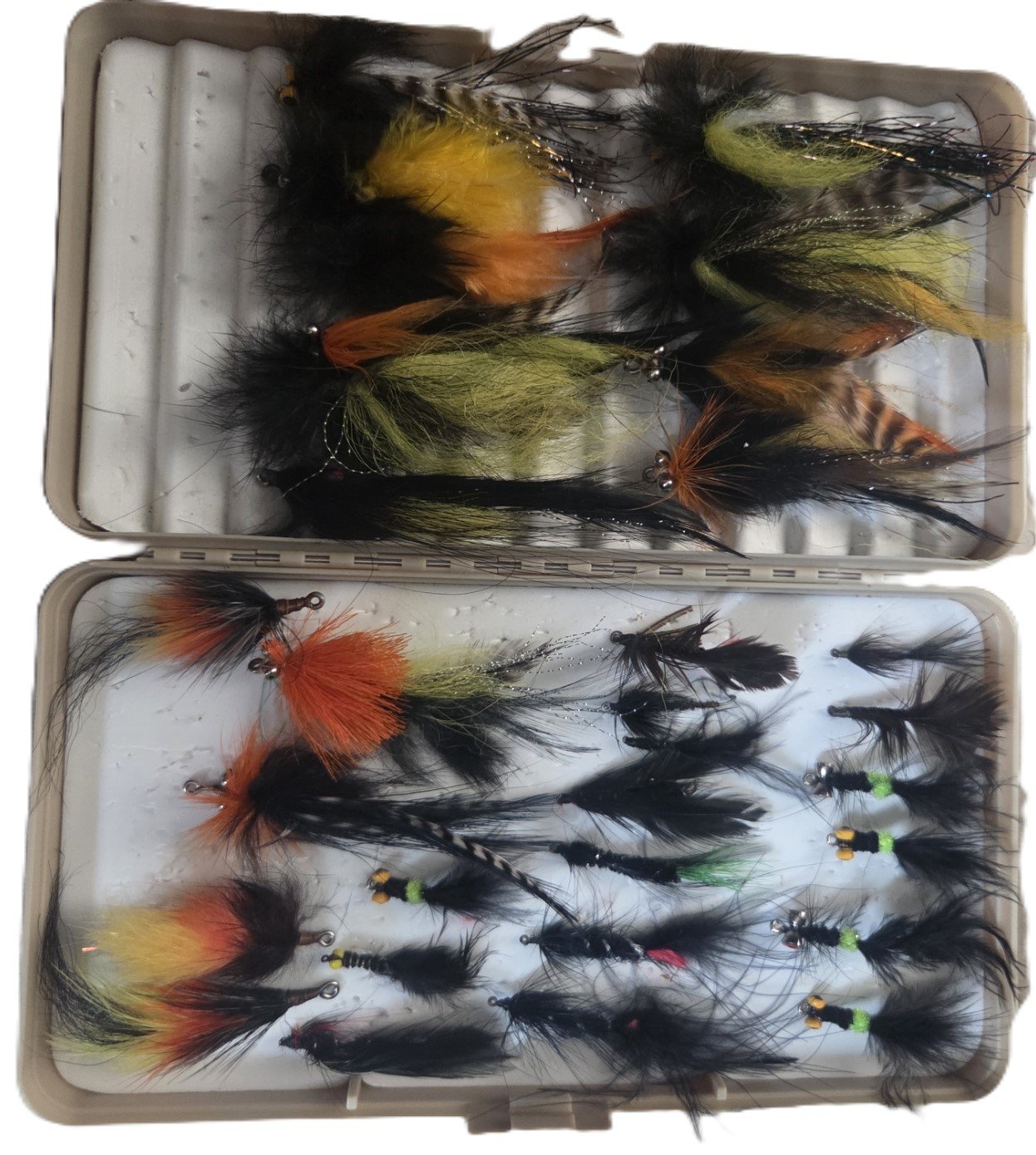 Assorted handmade fishing flies in storage case