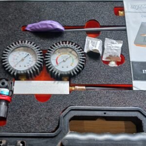Cylinder leak detector gauges and regulator in fitted case