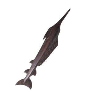 Timber sailfish carving showing detailed dorsal fin