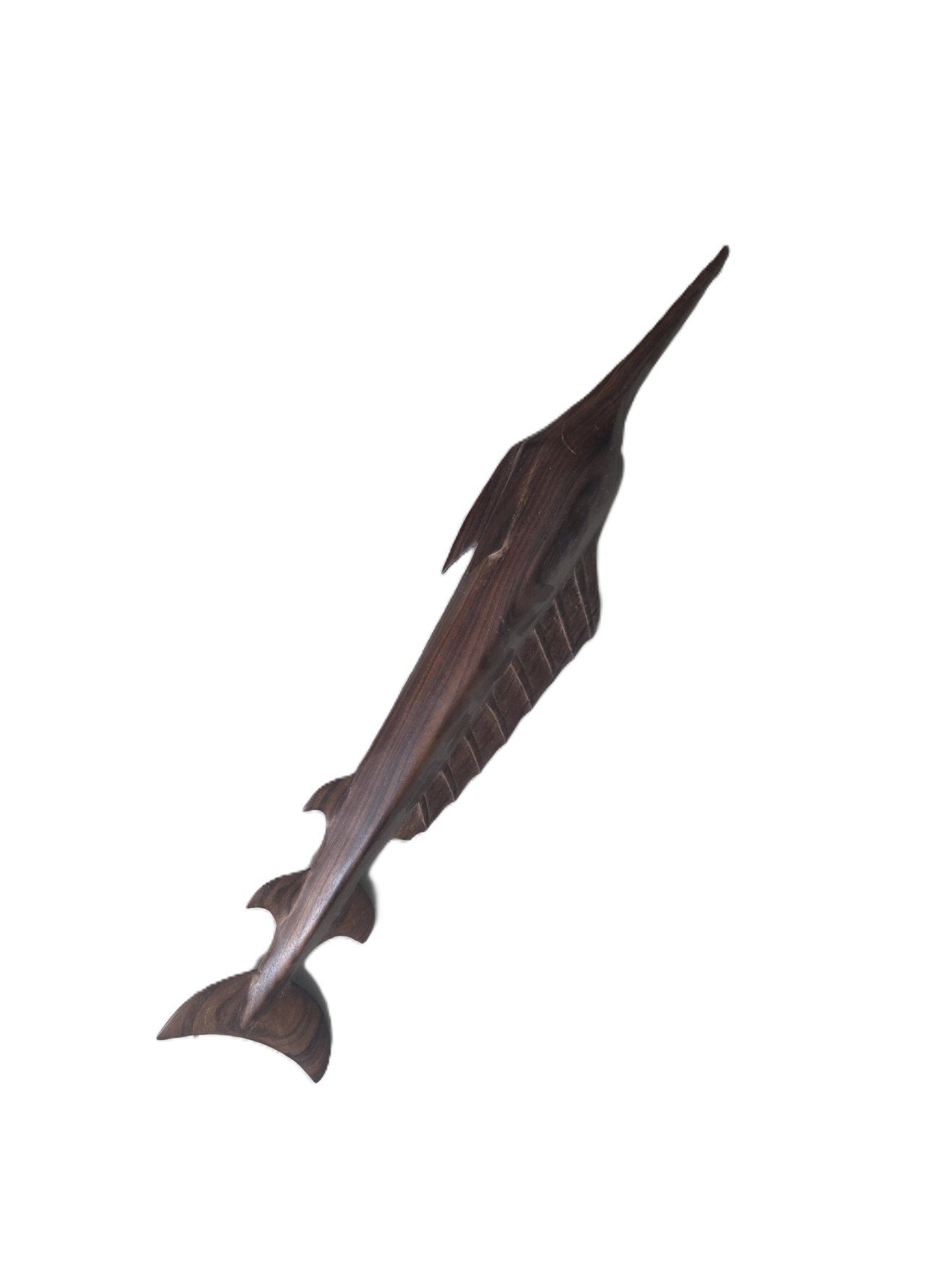 Timber sailfish carving showing detailed dorsal fin