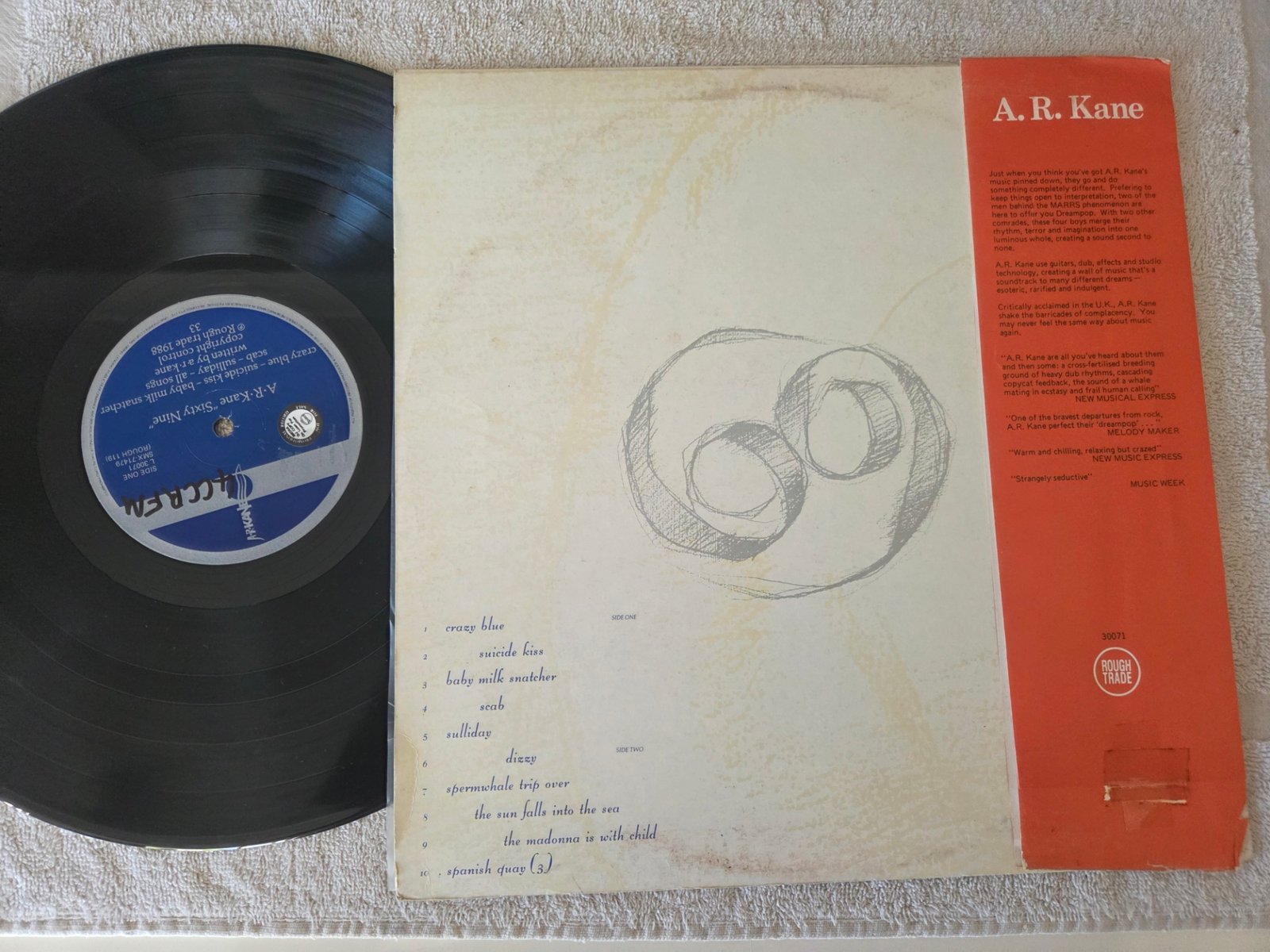 Rear cover of A.R. Kane 69 LP with track listing