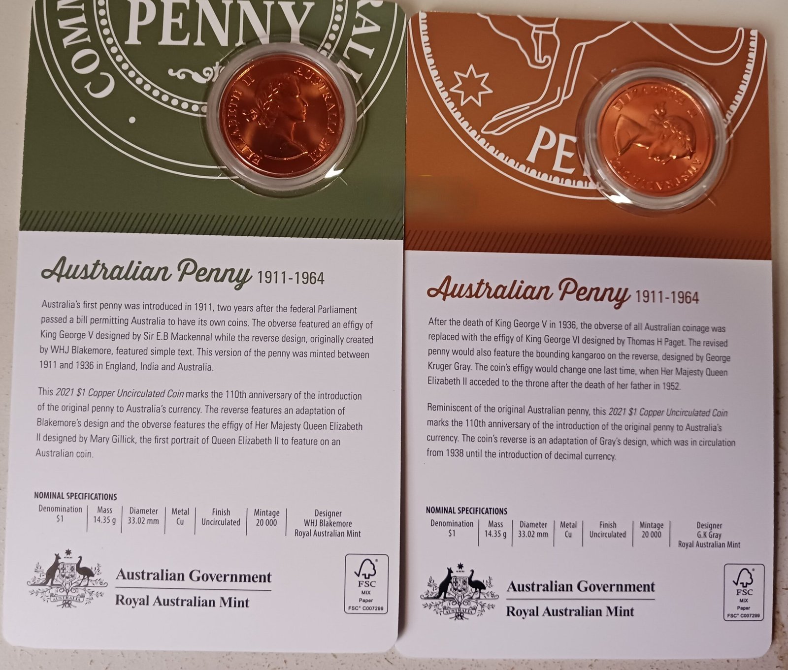 LOT 089 2021 Australian Penny 110th Anniversary Copper Uncirculated Coin Pair