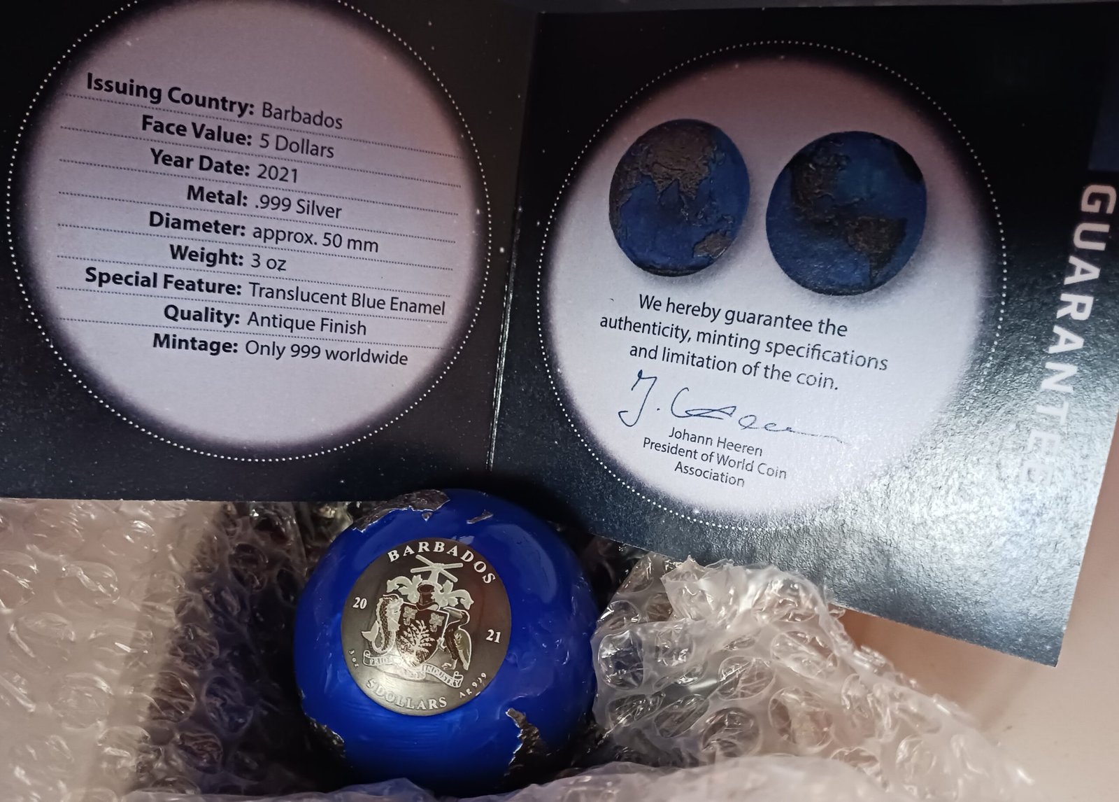 LOT 274 Barbados 2021 Blue Planet Earth 3oz .999 Silver Coin