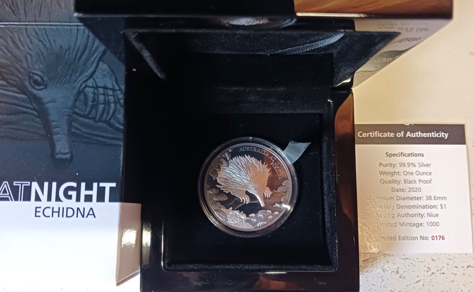 Midnight Echidna one ounce silver black proof coin