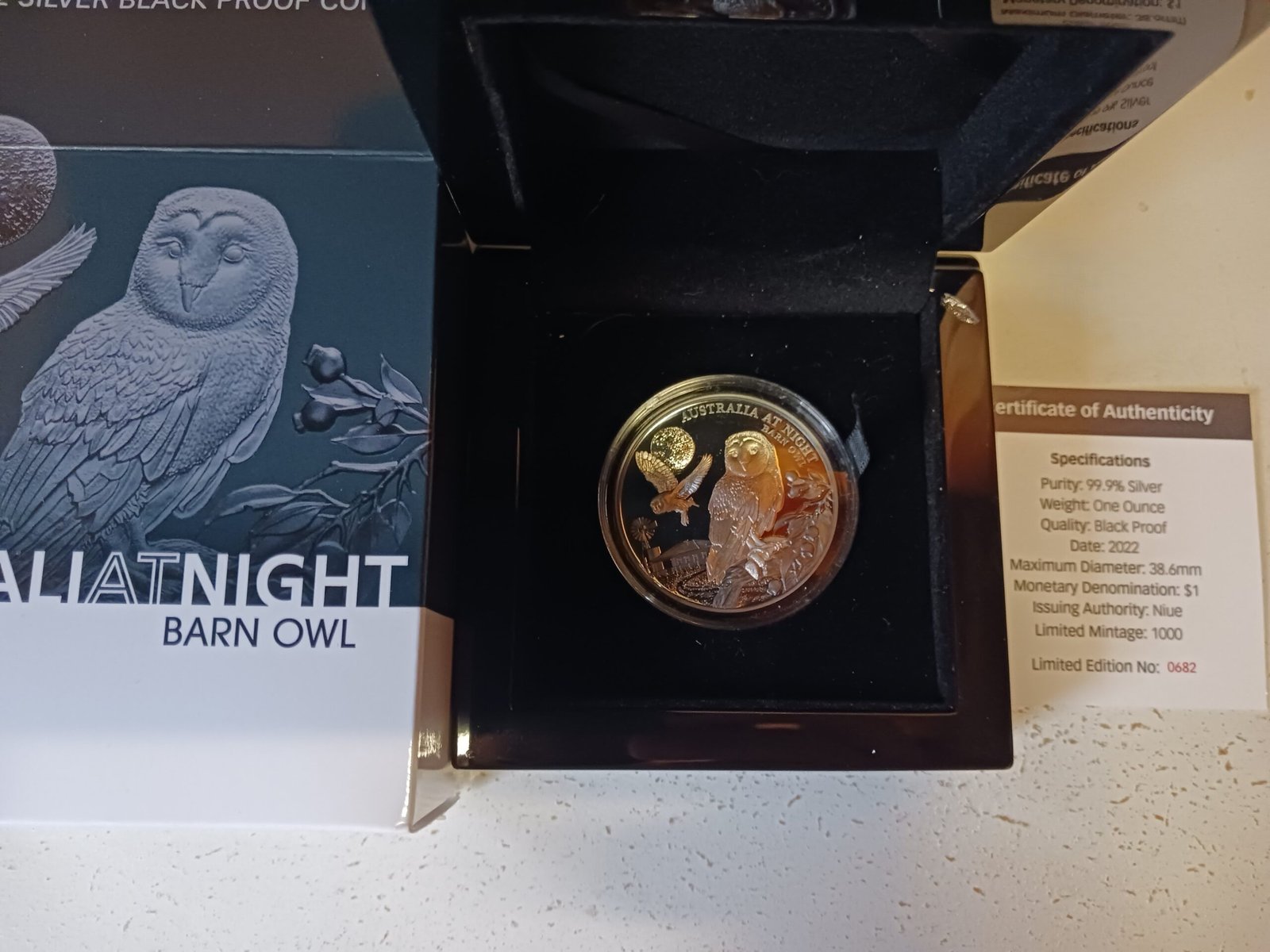 Australia at Night Barn Owl 2022 black proof silver coin