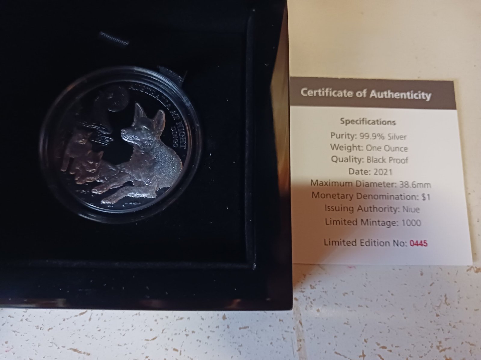 Australia at Night Dingo 2021 black proof silver coin