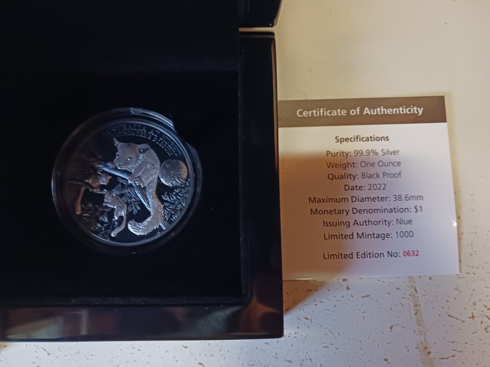 Leadbeater's Possum 1oz silver coin with presentation box and certificate