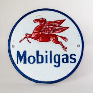 LOT018 Mobilgas Pegasus cast iron advertising sign front view